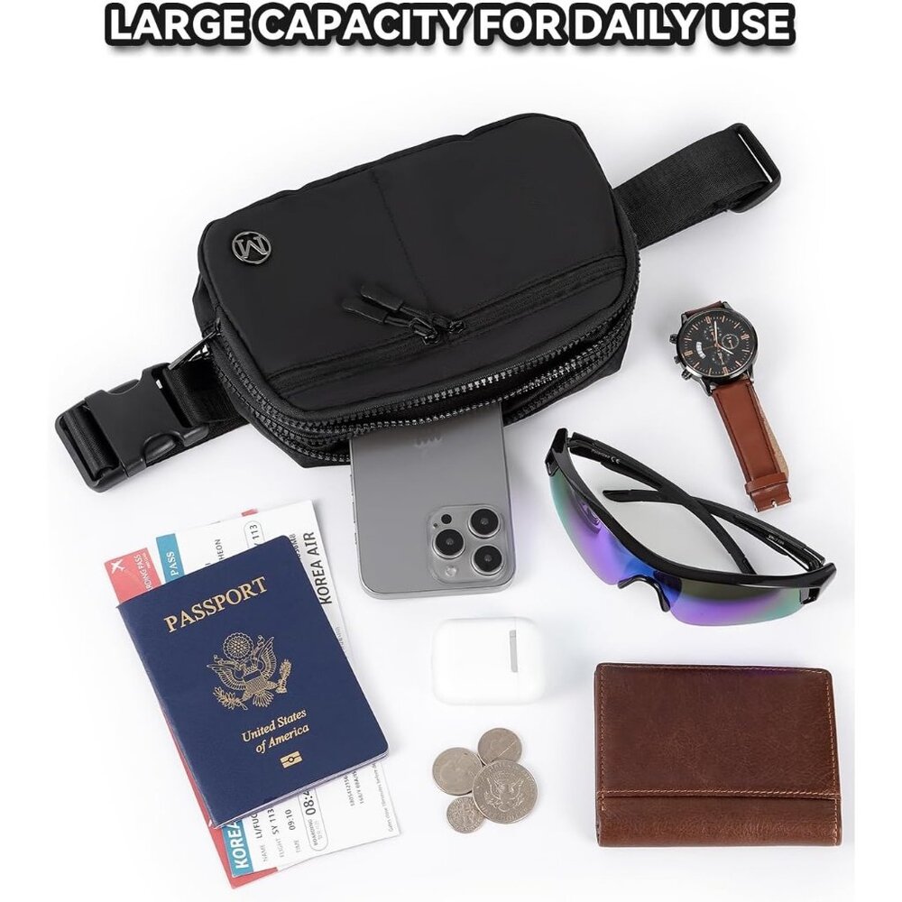 Womens Black Fanny Pack 2L Crossbody Belt Bag Waterproof 5 Zipper Pockets - Picture 6 of 7